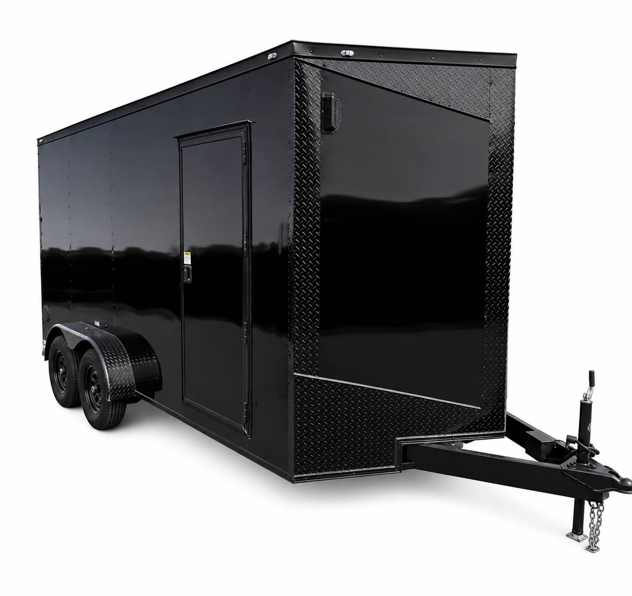 Hook and Line 7 x 16 enclosed trailer with blackout trim from front side