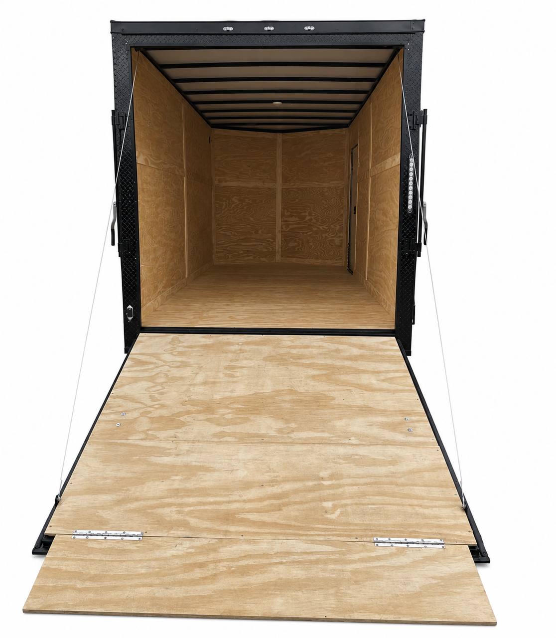 Blackout trim enclosed trailer with rear ramp door open