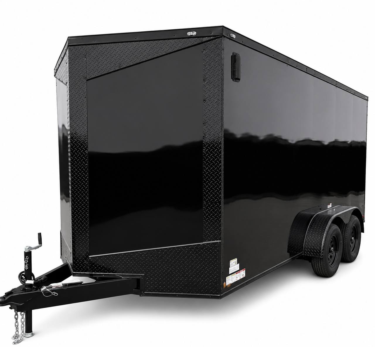 Blackout trim enclosed trailer side and V-nose view