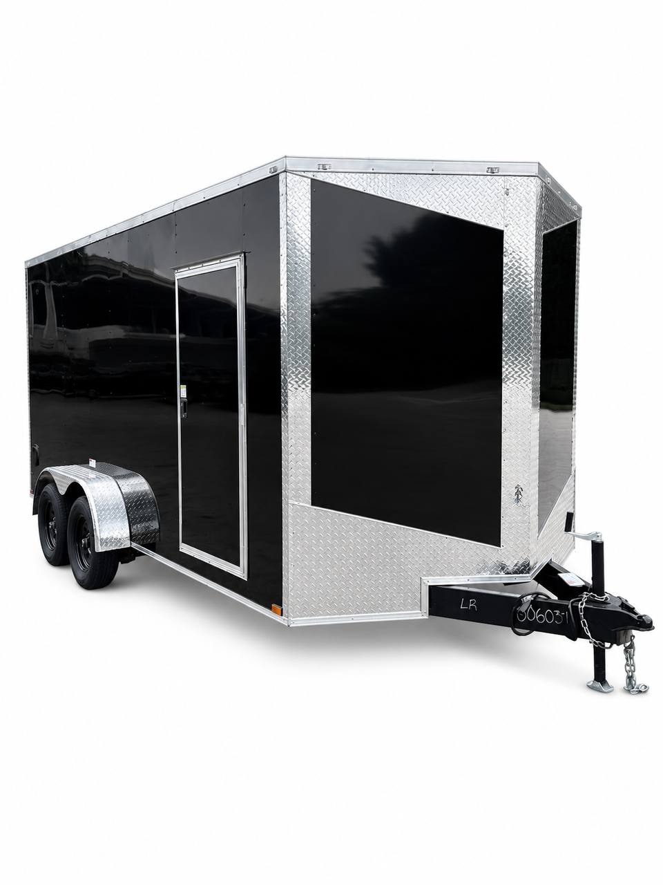 Hook and Line 7 x 16 enclosed trailer with chrome trim from front side