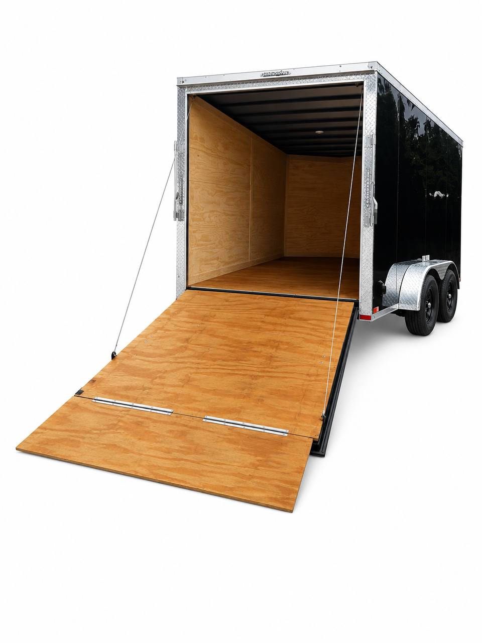 Chrome trim enclosed trailer with rear ramp door open
